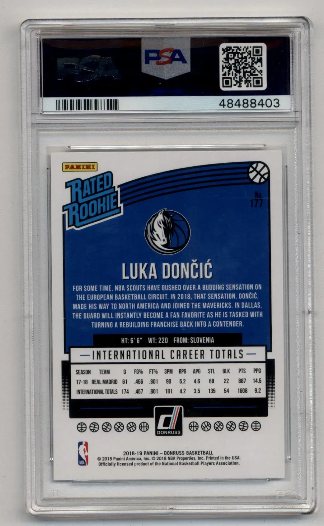 PSA-graded Luka Doncic Donruss Rookie card in protective case, Gem Mint condition