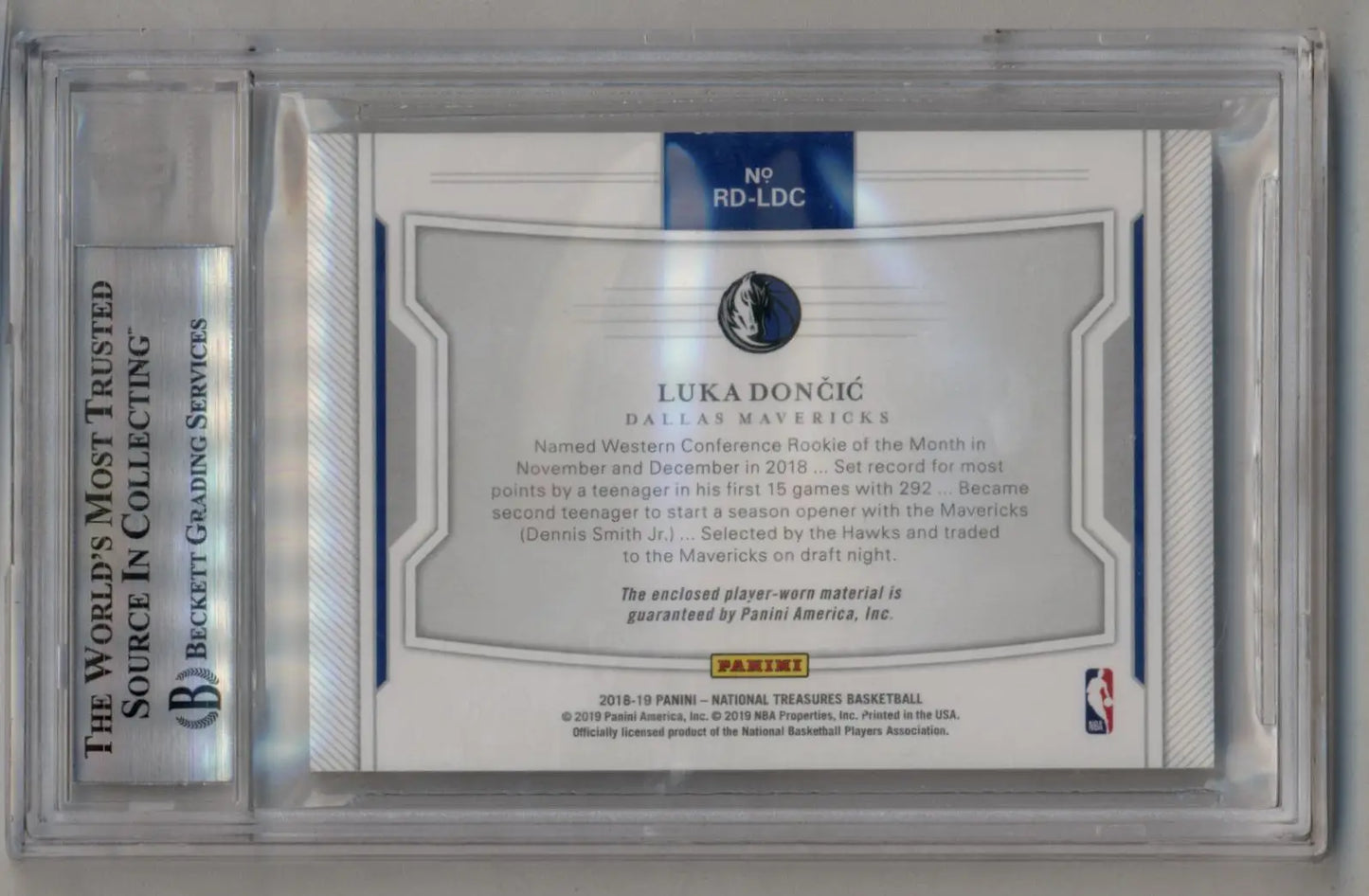 Luka Doncic 2018-19 National Treasures Rookie Dual Materials Prime basketball card