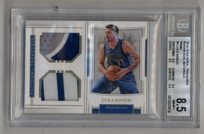 Graded Luka Doncic 2018-19 National Treasures Rookie Dual Materials card with jersey patch