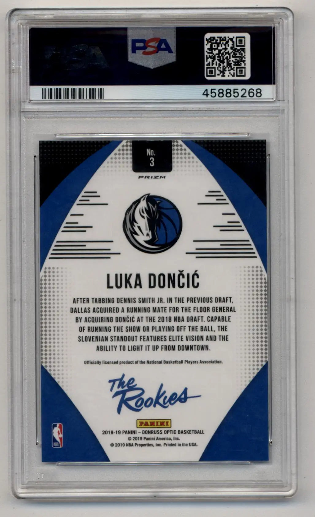 PSA-graded Luka Doncic rookie card back with blue and white design, Fast Break Holo