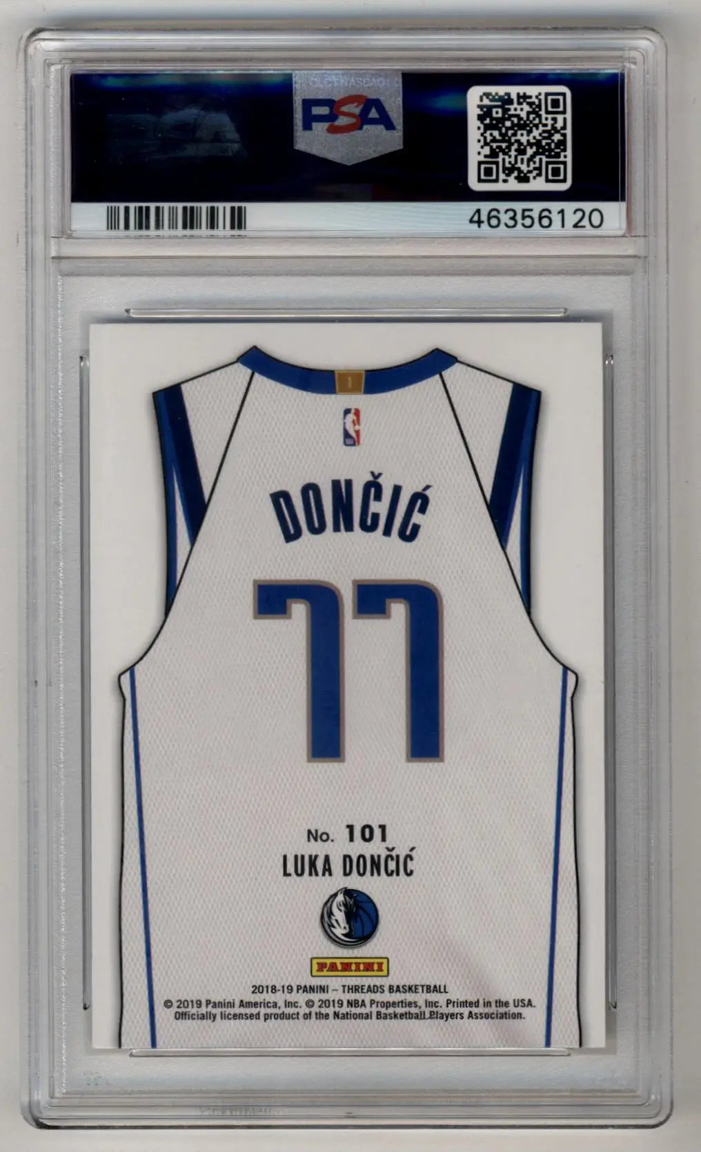 PSA-graded Luka Doncic Panini Threads Dazzle #101 Gem Mint trading card with white jersey