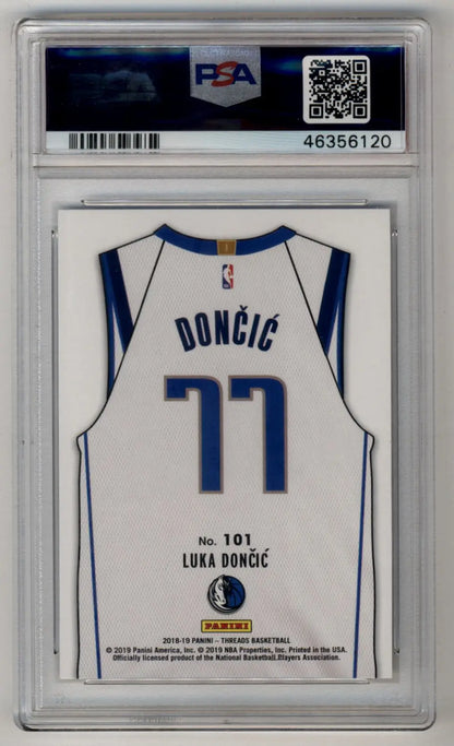 PSA-graded Luka Doncic Panini Threads Dazzle #101 Gem Mint trading card with white jersey