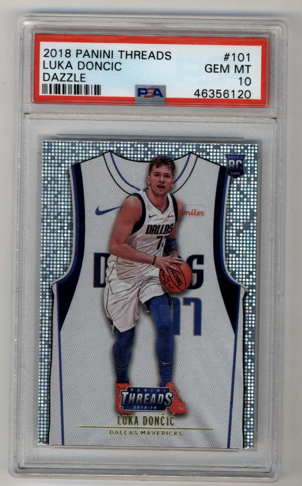 Luka Doncic 2018-19 Panini Threads Dazzle card in PSA 10 protective case