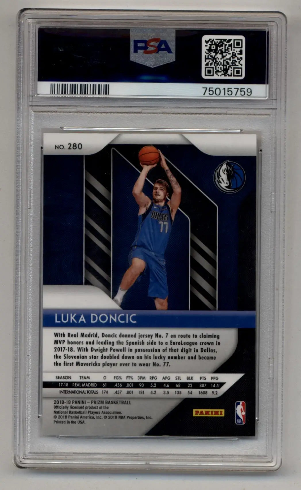 Luka Doncic 2018-19 Prizm #280 PSA 10 Gem Mint basketball trading card shooting basket