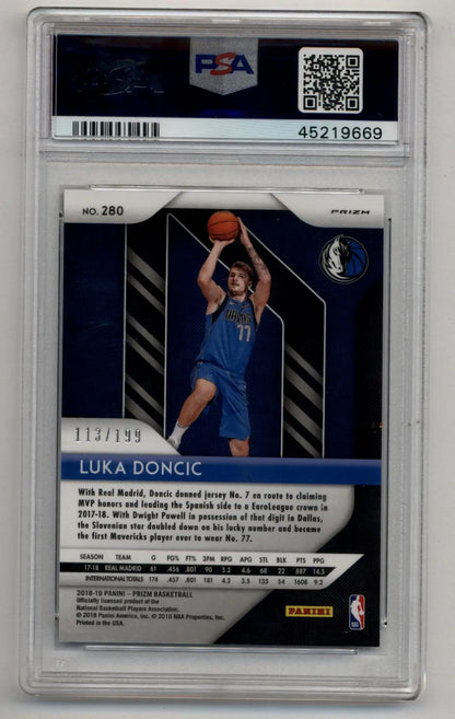 PSA-graded Luka Doncic 2018-19 Prizm Blue #280 basketball trading card shooting a ball