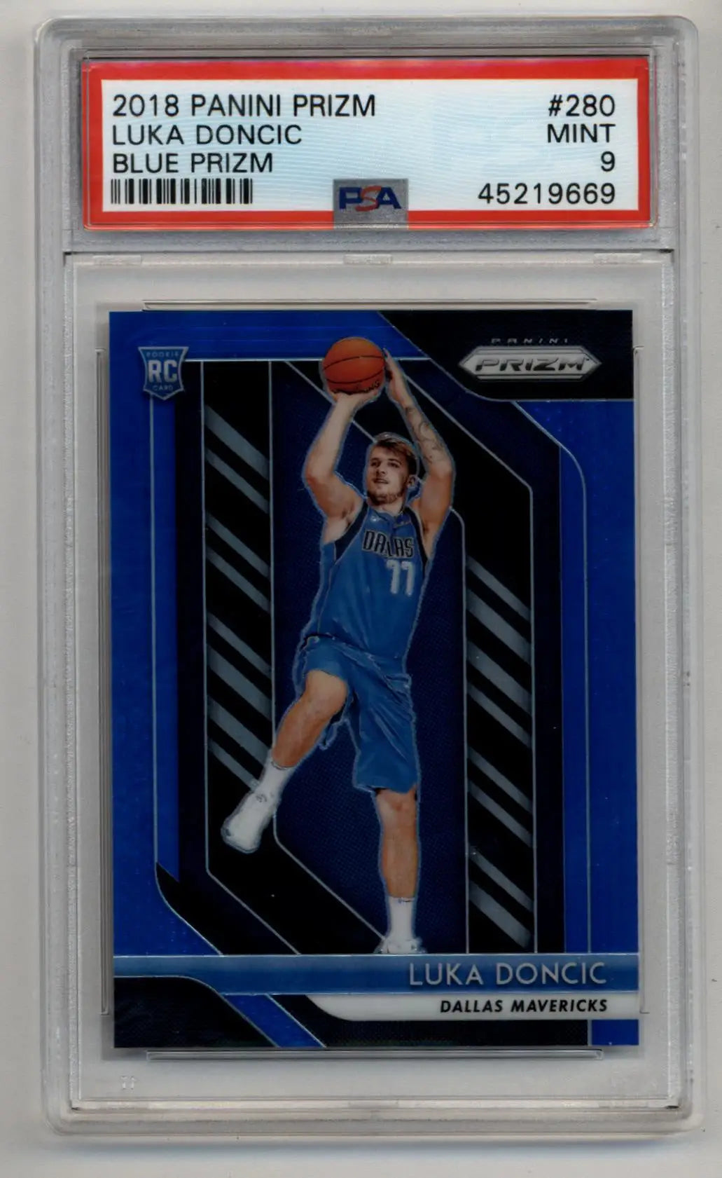 Luka Doncic 2018-19 Prizm Blue trading card PSA 9 Mint featuring Dallas Mavericks player