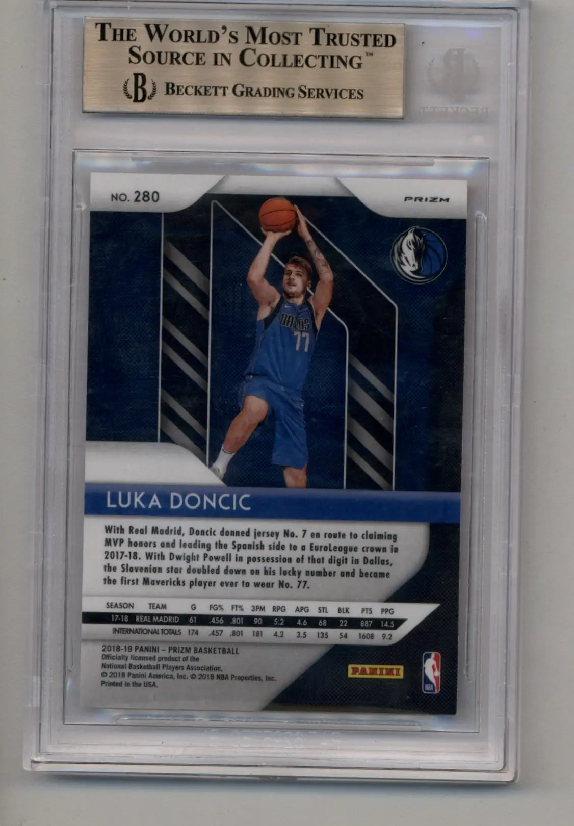 Luka Doncic 2018-19 Prizm Rookie #280 Pink Ice BGS 9.5 in a protective case