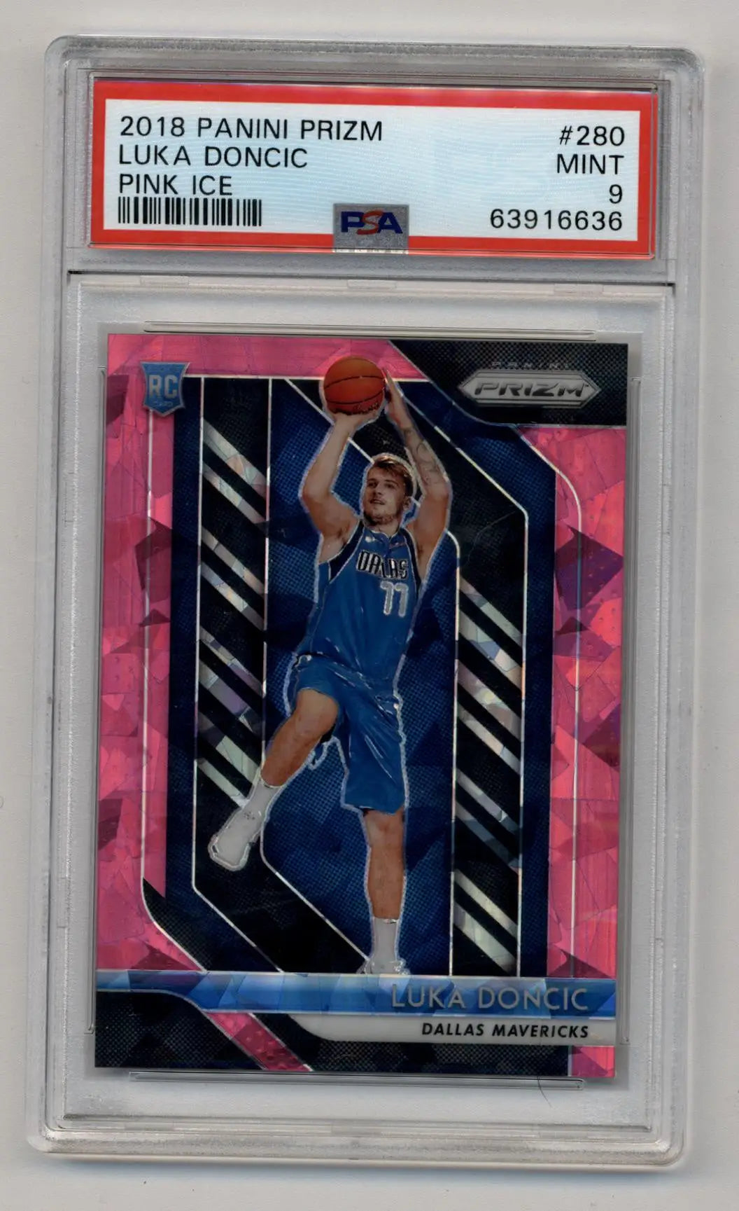 Luka Doncic 2018-19 Prizm Rookie #280 Pink Ice PSA 9 Mint basketball card in action