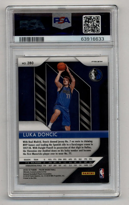 Luka Doncic Prizm Rookie Silver PSA 9 Gem Mint basketball card in action shot