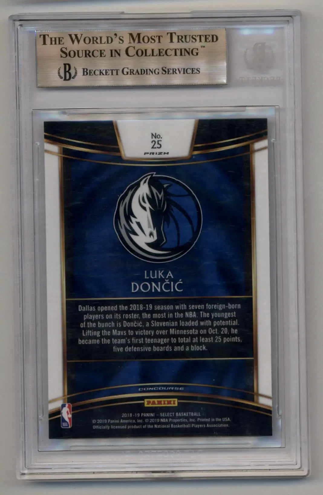 Back side of Luka Doncic 2018-19 Select Silver #25 BGS 9.5 Gem Mint trading card