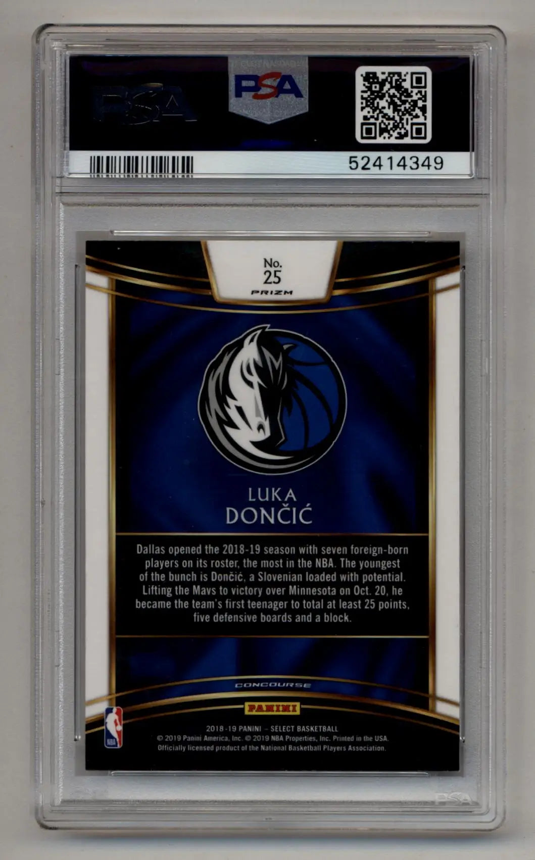 PSA 10 Gem Mint Luka Doncic trading card with Dallas Mavericks logo, Select Tri-Color Prizm