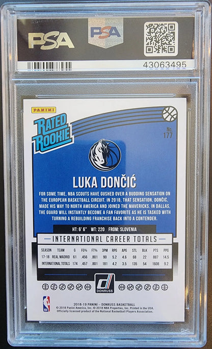 PSA-graded Luka Doncic rookie card back, 2018 Donruss Gem Mint trading cards