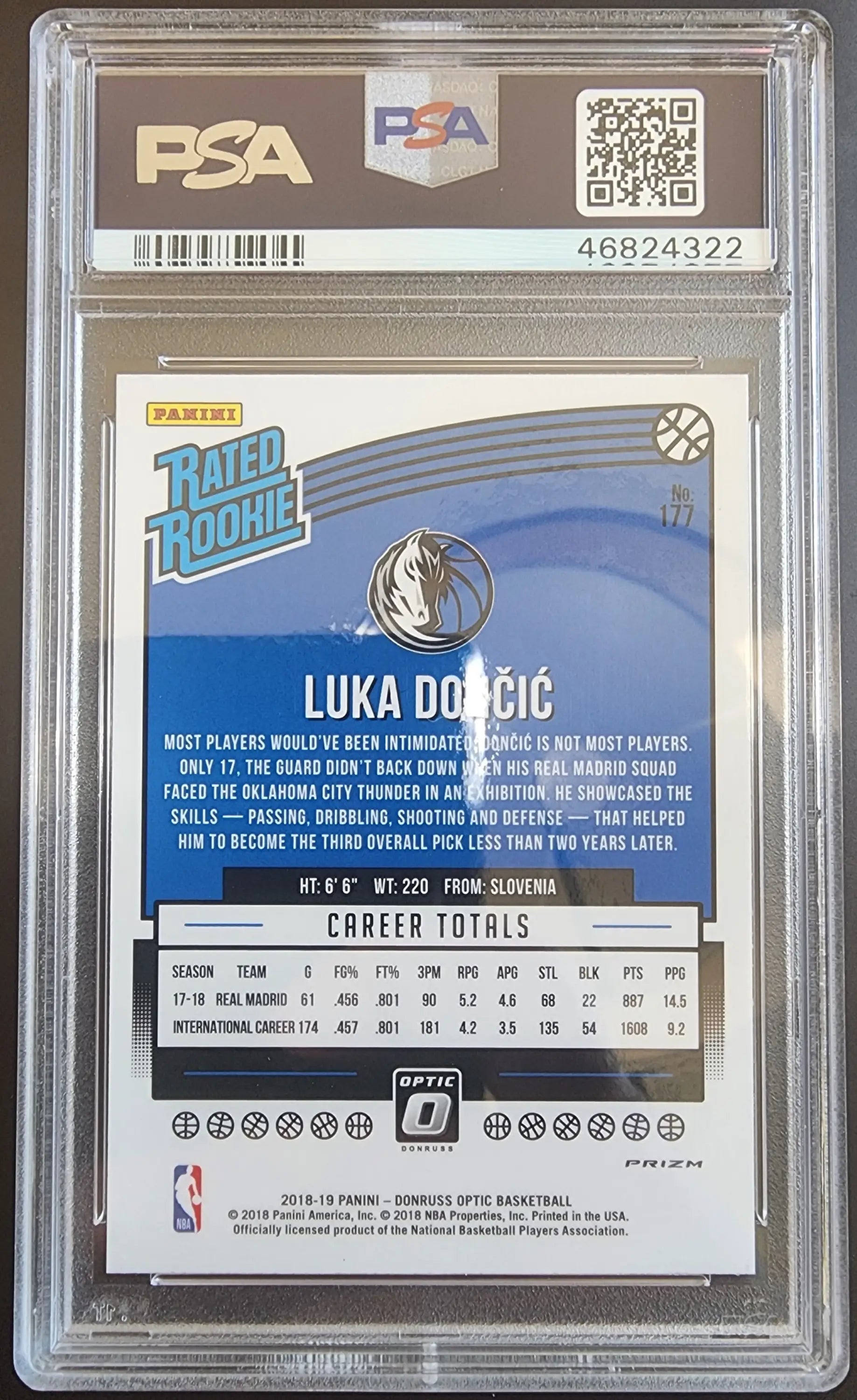 Back view of Luka Doncic 2018 Donruss Optic Shock PSA 9 Mint trading card