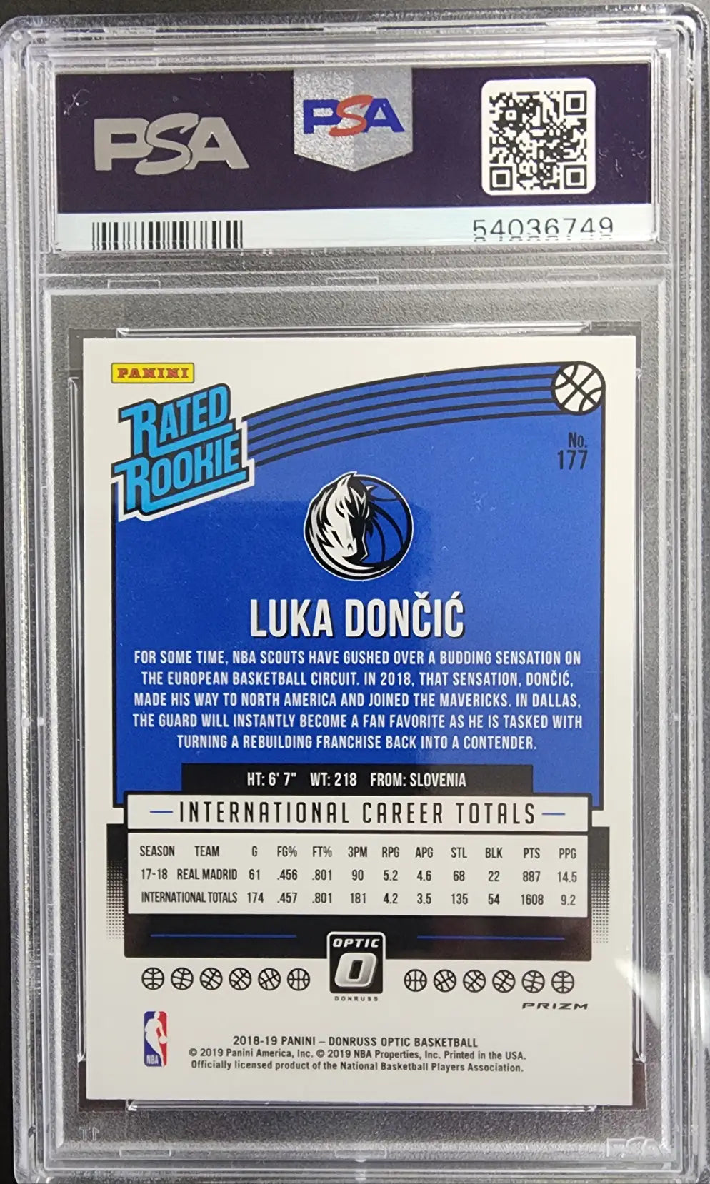 PSA-graded Luka Doncic 2018 Donruss Optic Rookie #177 Hyper Pink PSA 9 Mint card