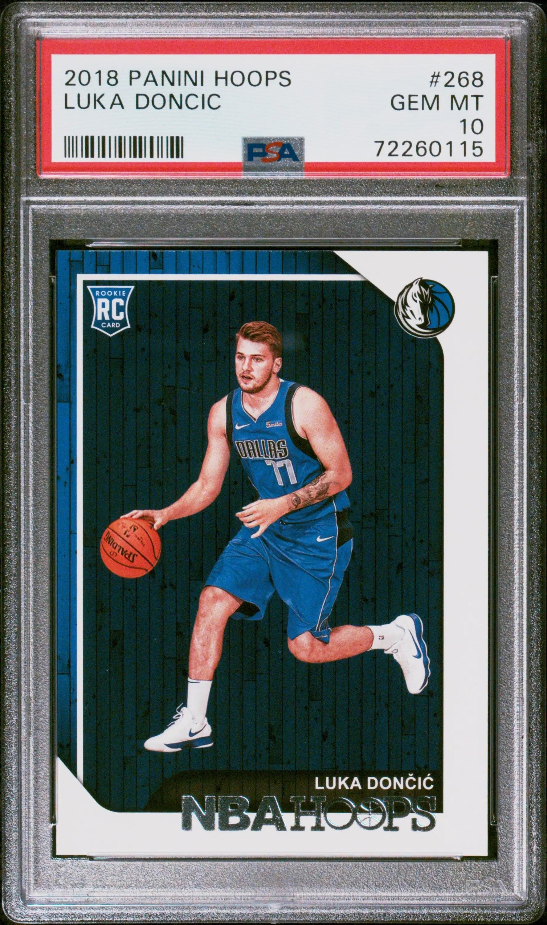 PSA 10 Gem Mint Luka Doncic 2018 Panini Hoops trading card featuring dribbling action