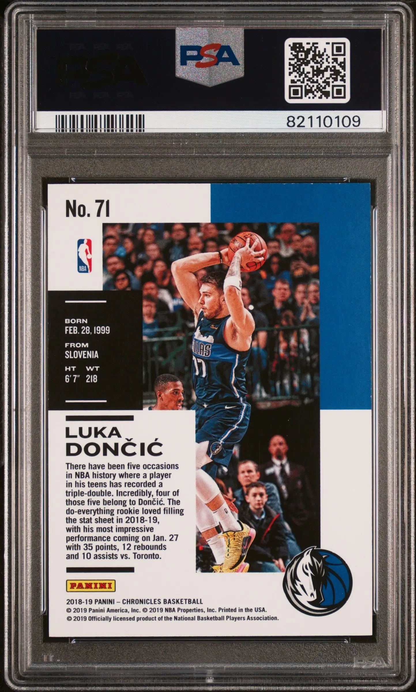 PSA-graded Luka Doncic Panini Chronicles trading card in blue Mavericks jersey