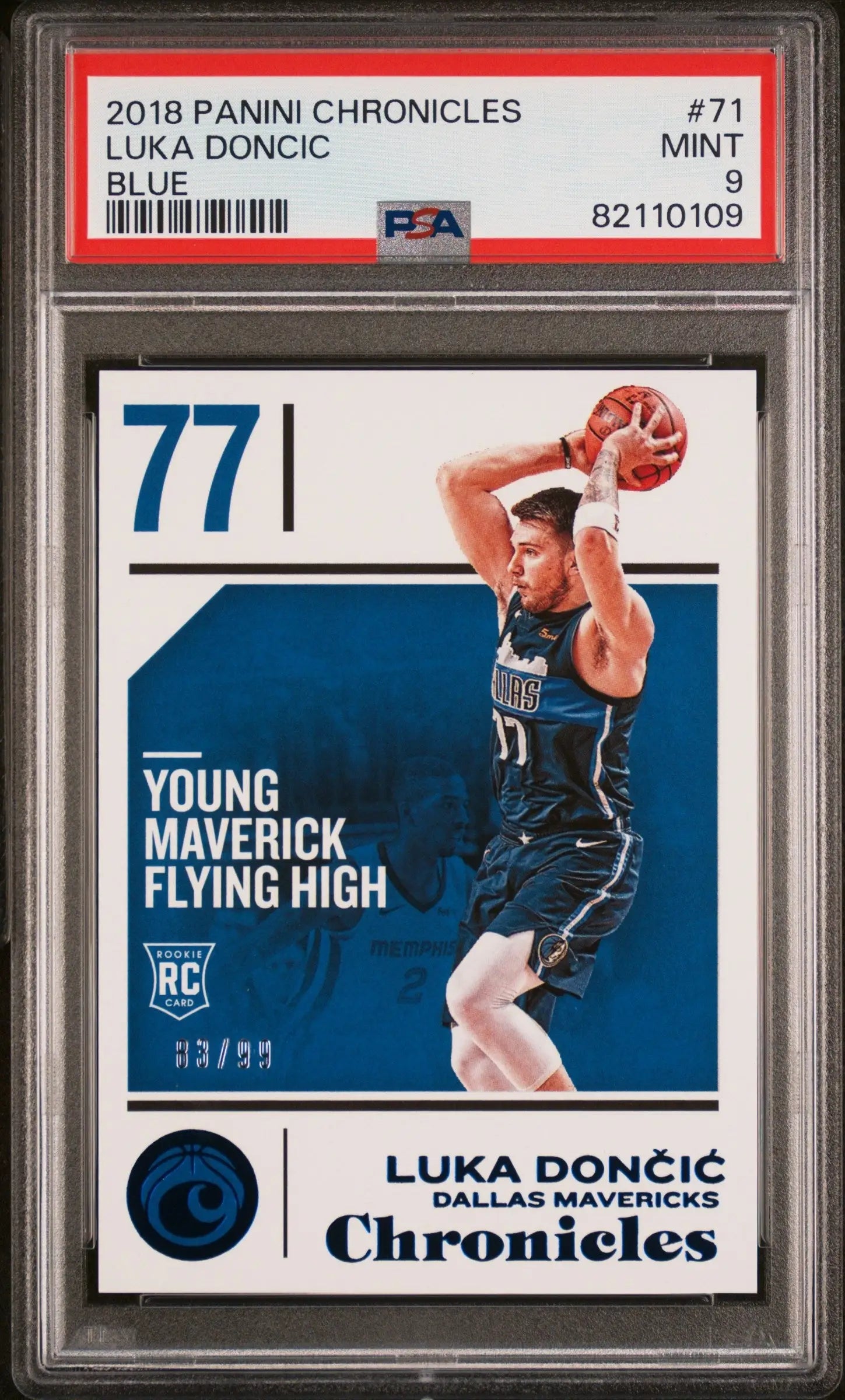 PSA-graded Luka Doncic 2018 Panini Chronicles rookie trading card in Mavericks uniform