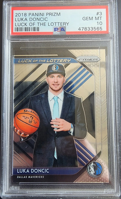 Luka Doncic 2018 Prizm Luck of the Lottery PSA Gem Mint 10 basketball card displayed