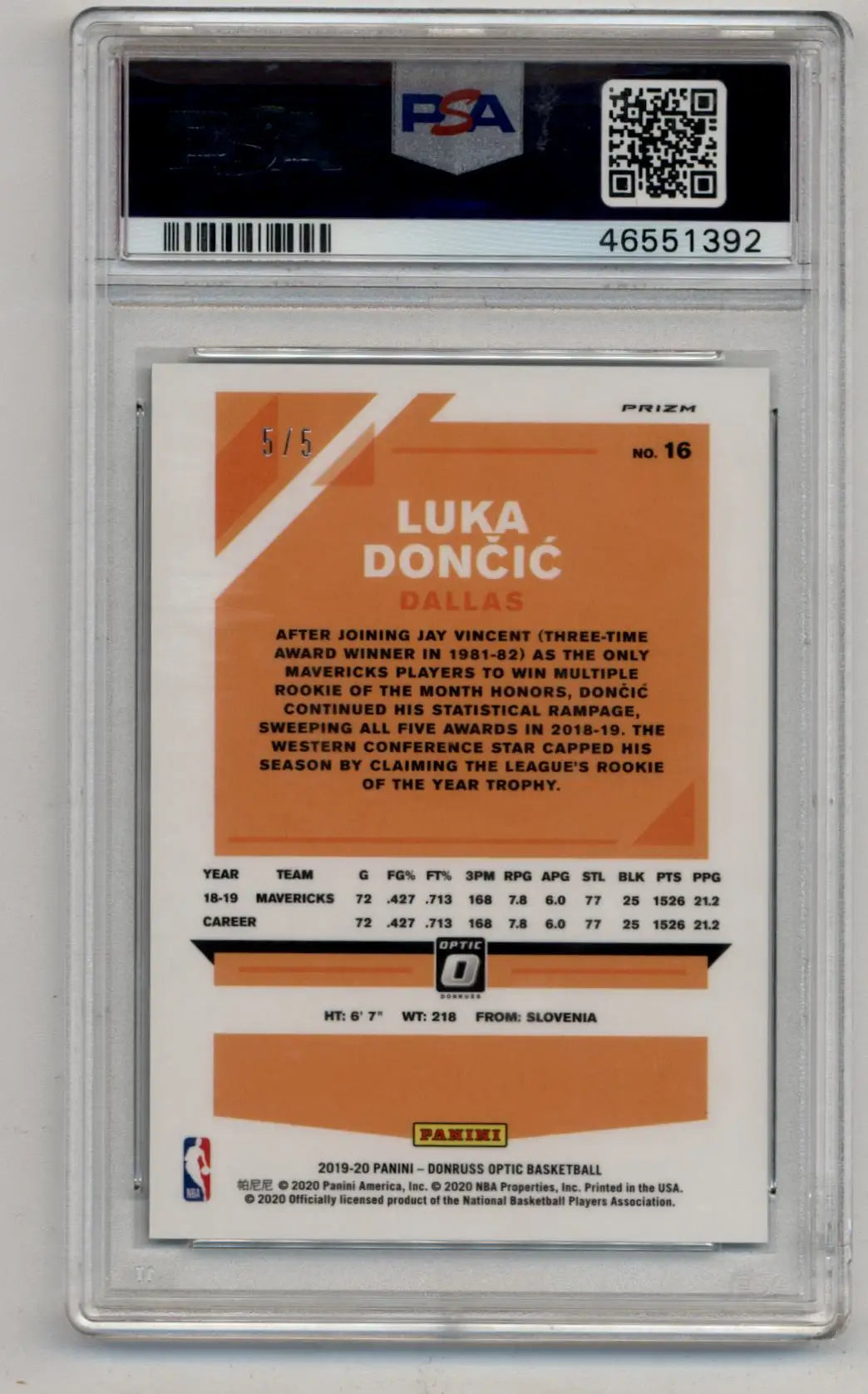 PSA-graded Luka Doncic Donruss Optic Green card showcasing stats and orange back design