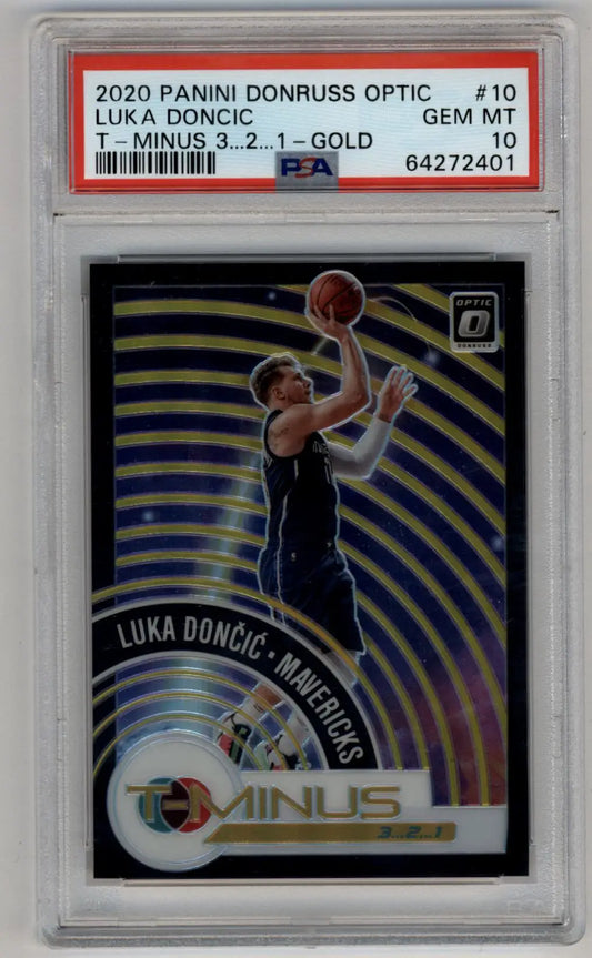 PSA 10 Gem Mint Luka Doncic Donruss Optic T-Minus Gold basketball card in case