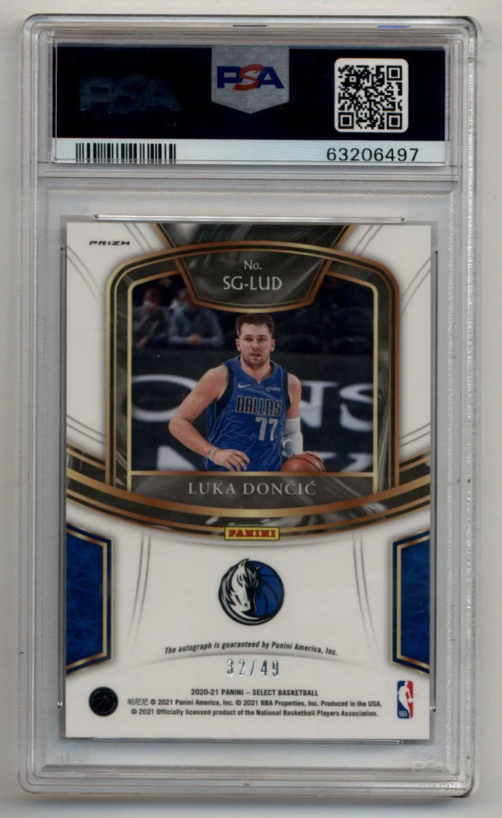 PSA-graded Luka Doncic Select Signatures trading card in blue Mavericks jersey