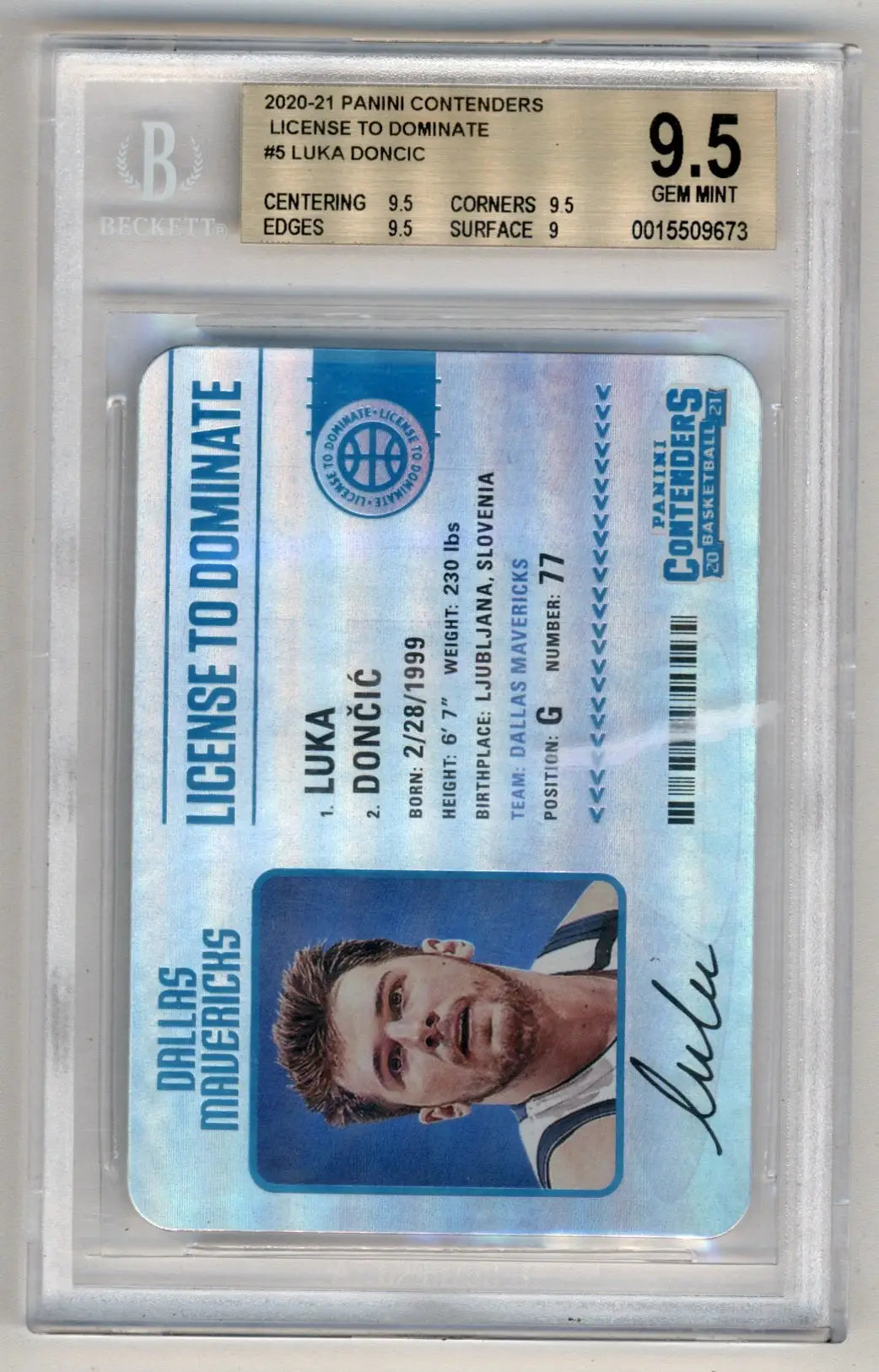 Graded Luka Doncic 2020 Panini Contenders License to Dominate BGS 9.5 in protective case