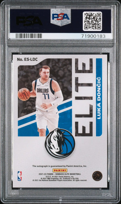 PSA-graded Luka Doncic 2021 Donruss Elite Signatures Blue basketball card dribbling