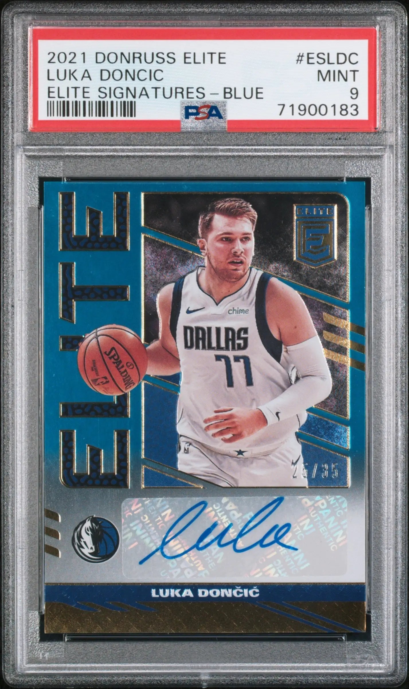 PSA-graded Luka Doncic 2021 Donruss Elite Signatures Blue basketball card with autograph