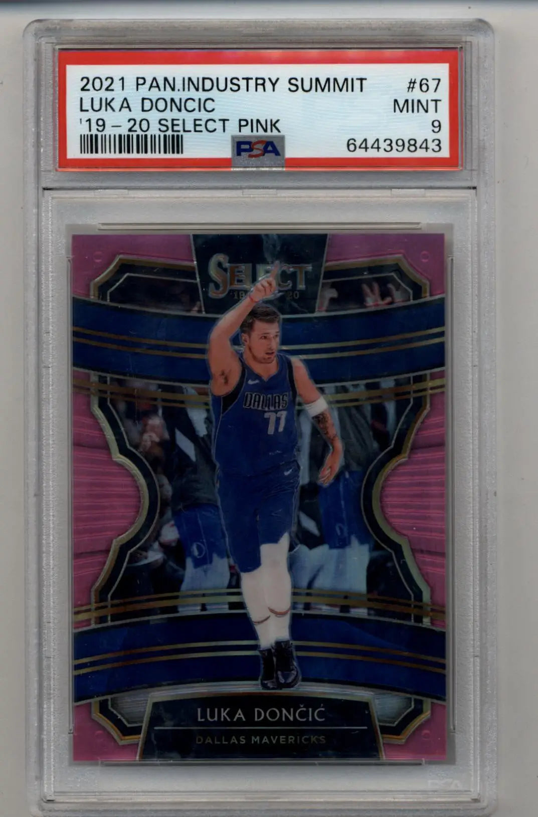 PSA-graded 2021 Panini Industry Summitt Pink Luka Doncic basketball card in case