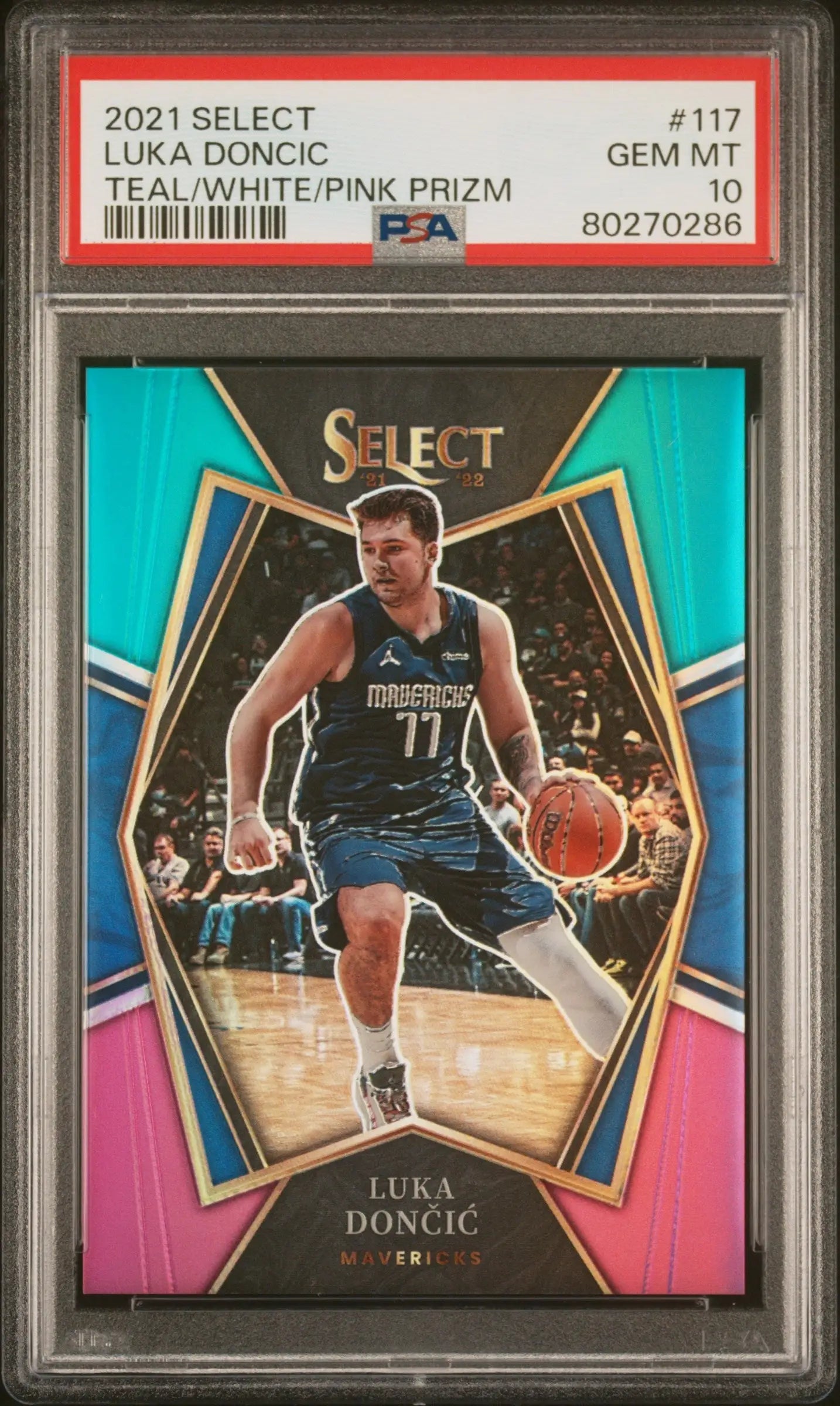 Luka Doncic 2021 Panini Select teal white pink PSA 10 basketball card in action