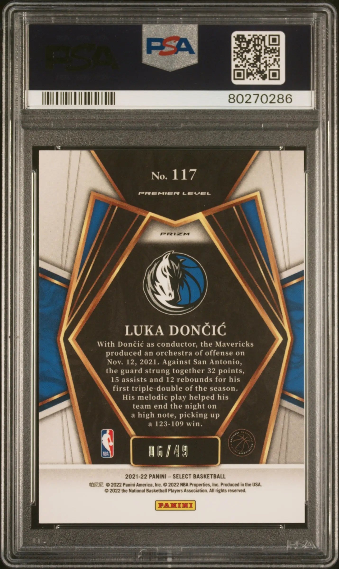 PSA-graded Luka Doncic 2021 Panini Select #117 Teal White Pink trading card with Mavericks logo