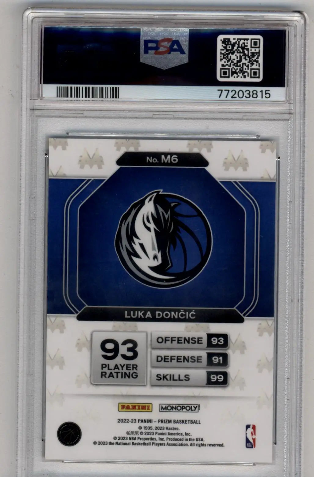 NBA trading card in protective case featuring Dallas Mavericks and Luka Doncic Prizm Monopoly Money Black PSA 10 Gem Mint