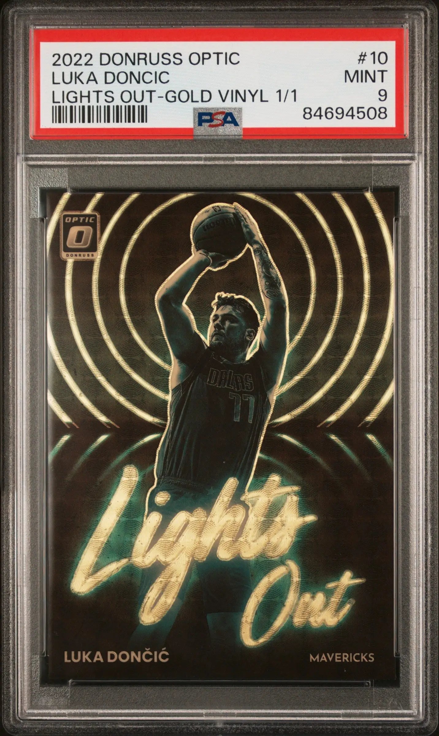 PSA-graded Luka Doncic 2022 Donruss Optic Lights Out Gold Vinyl card in protective case