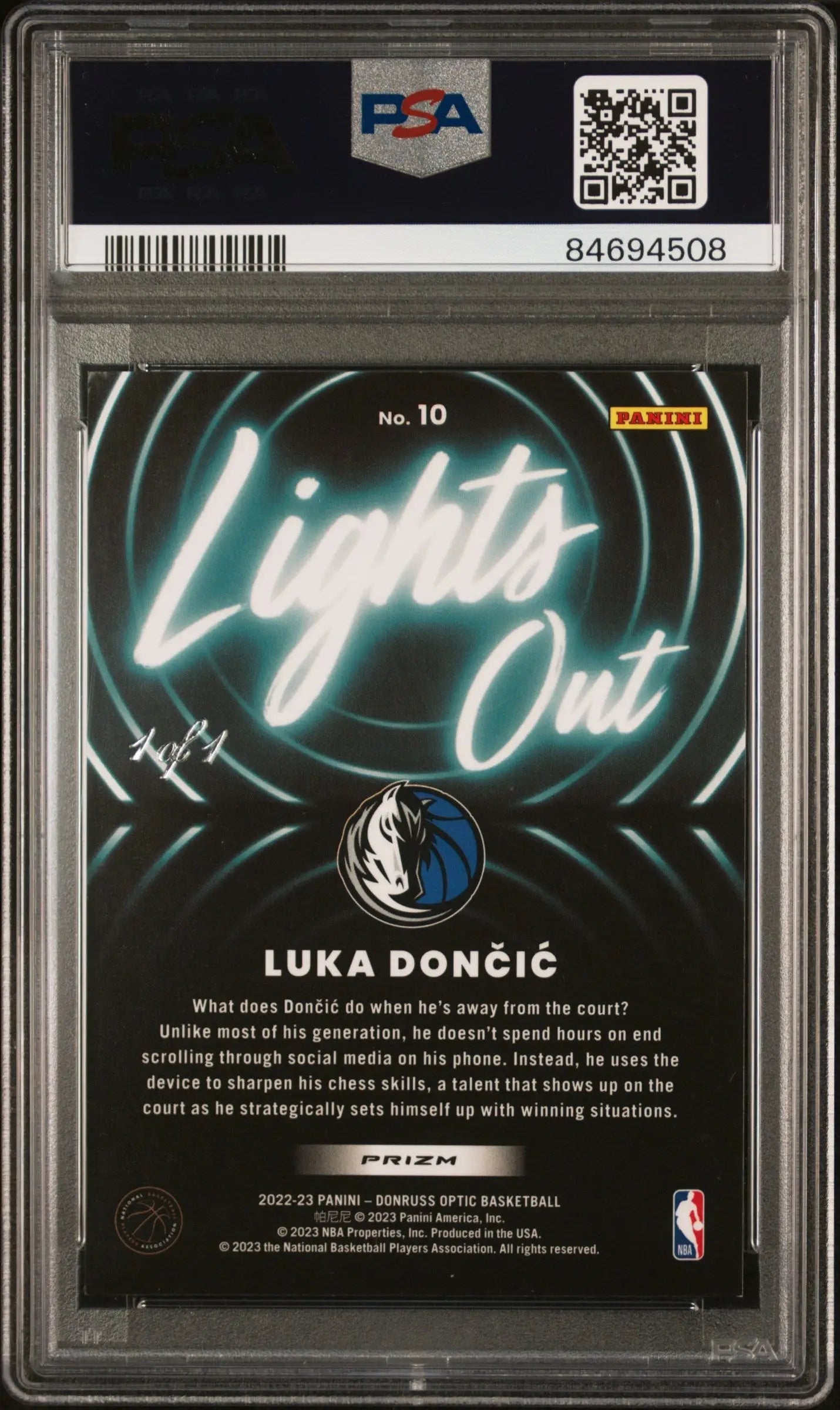 PSA-graded Luka Doncic 2022 Donruss Optic Lights Out Gold Vinyl 1/1 card