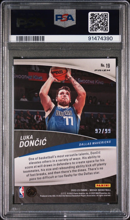 PSA-graded Luka Doncic basketball card in Dallas Mavericks uniform, Panini Mosaic Elevate