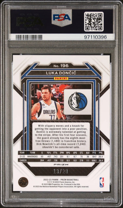 Back of Luka Doncic 2022 Panini Prizm Fast Break Bronze basketball card in PSA case