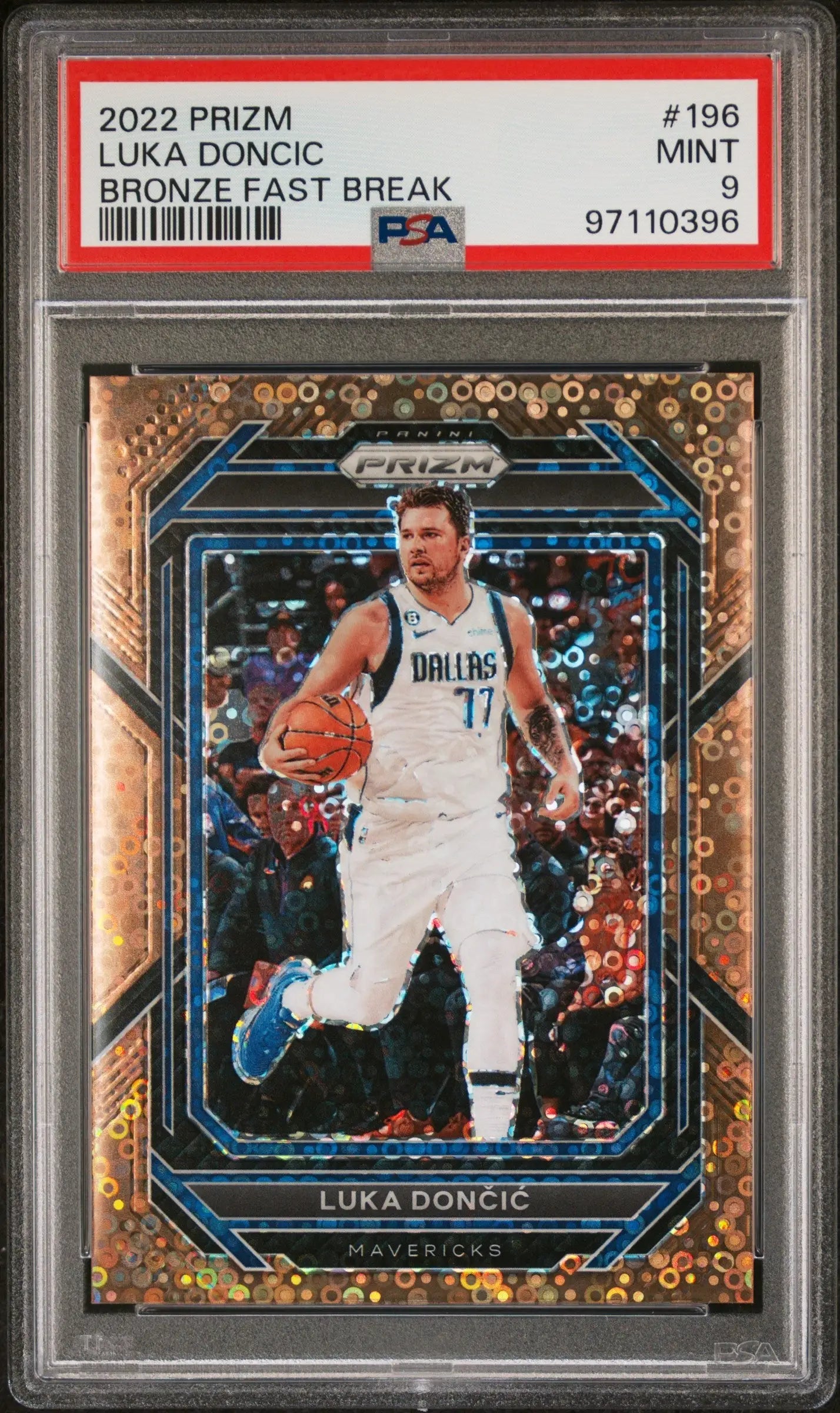 Luka Doncic 2022 Panini Prizm Fast Break Bronze basketball card dribbling in white uniform