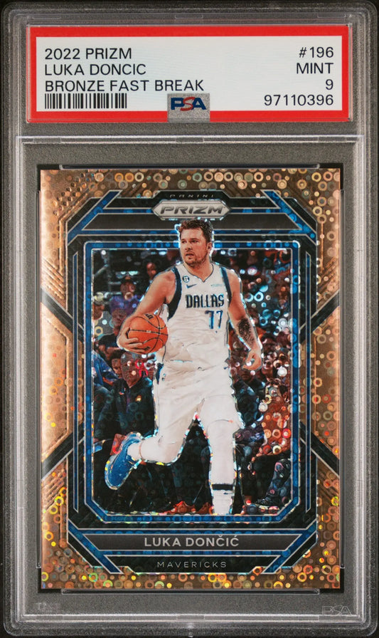 Luka Doncic 2022 Panini Prizm Fast Break Bronze basketball card dribbling in white uniform