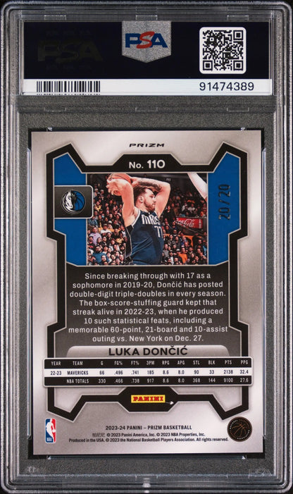 Back of Luka Doncic Bronze Fast Break trading card in PSA 10 case from Columbia Hobby