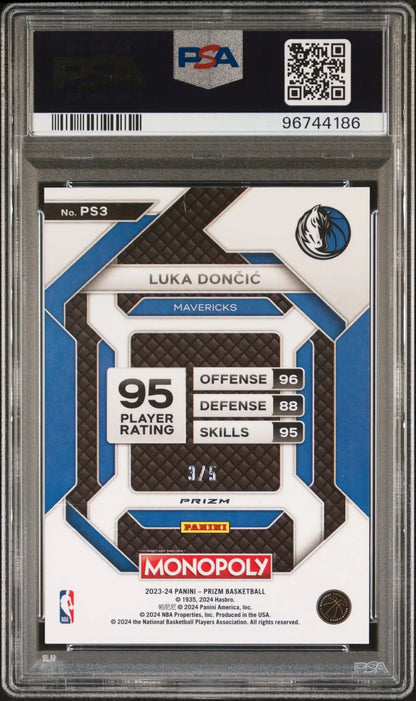 PSA-graded Luka Doncic 2023 Panini Prizm Monopoly PS3 Black Gold trading card image