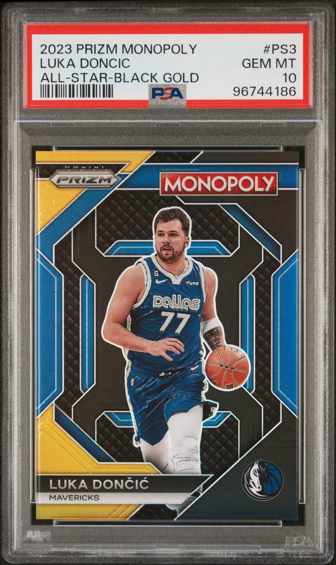 Luka Doncic 2023 Panini Prizm Monopoly PS3 Black Gold card featuring dribbling action