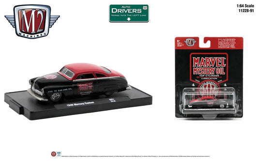 Vintage-style black and red die-cast 1949 Mercury Custom Marvel Mystery Oil model car