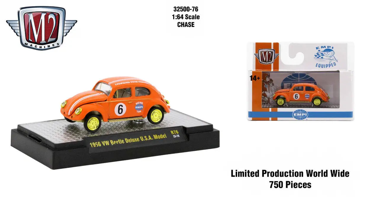 Orange Volkswagen Beetle Deluxe Release 76 CHASE on display, die cast model car with number 6