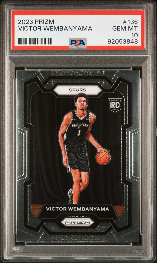 Victor Wembanyama 2023 Panini Prizm Gem Mint 10 rookie card dribbling in Spurs uniform