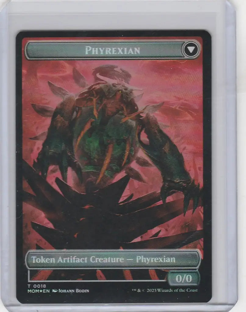 Dark creature with multiple limbs on Magic March Incubator Phyrexian token foil