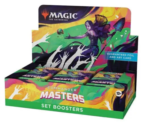 Display box for Magic The Gathering Commander Masters set boosters with vibrant artwork