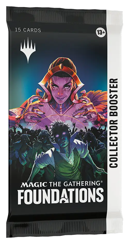 Magic The Gathering Foundations Collector Booster Pack with mystical purple and green artwork