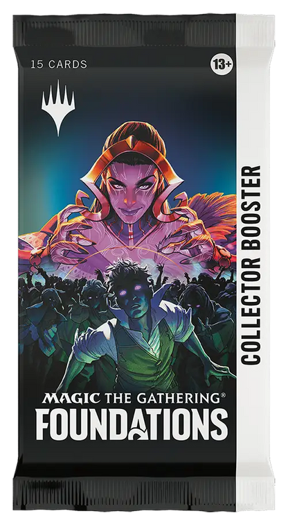 Magic The Gathering Foundations collector booster pack with vibrant purple and green art