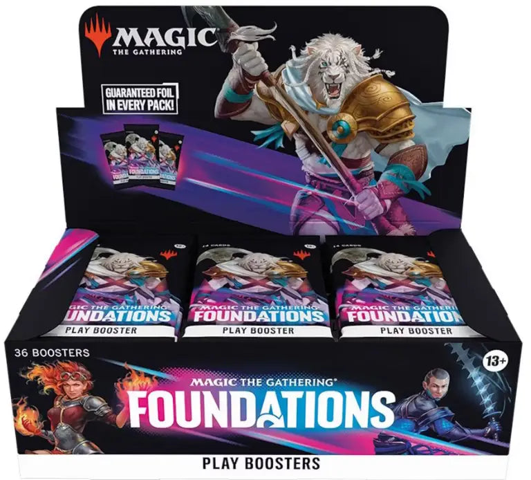 Magic The Gathering Foundations booster box display with 36 trading card packs