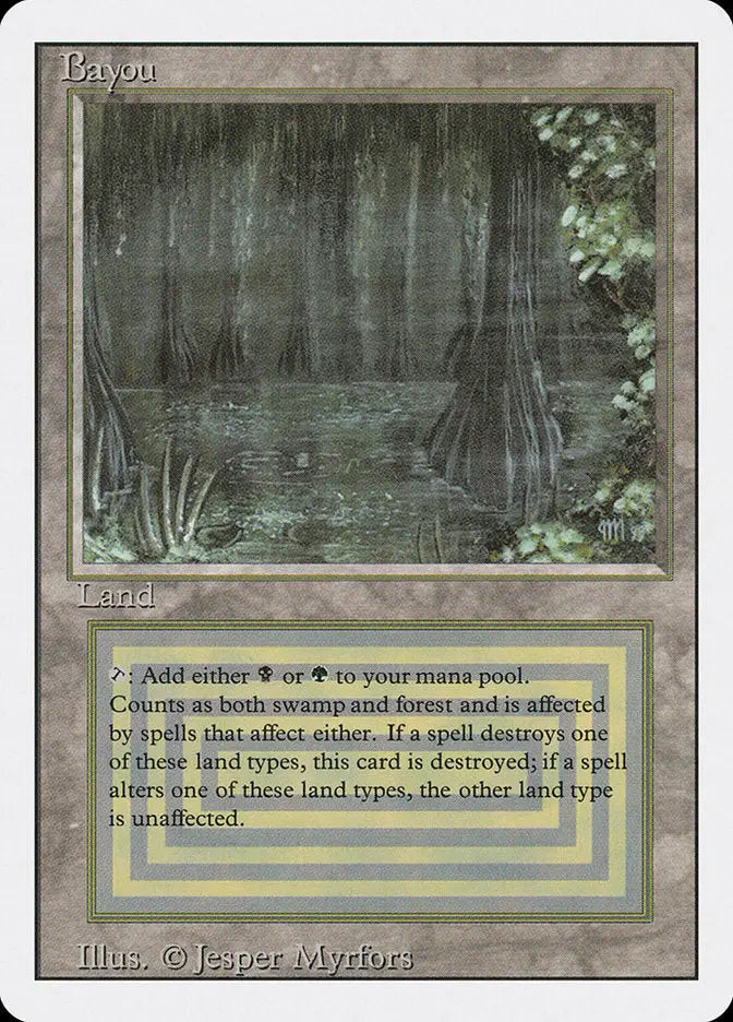 Magic: The Gathering Revised Edition Bayou card featuring misty swamp and cypress trees